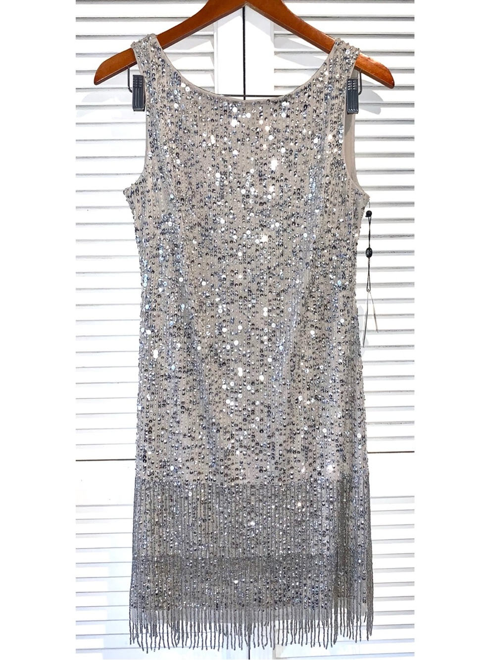 Adrianna Papell Silver Sequin Beaded Fringe Cocktail Dress NWT size 8